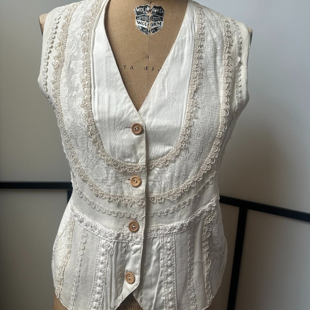 Vintage NOS Effec White Lace Vest w/ Tie Back 100% Cotton, Women's Small